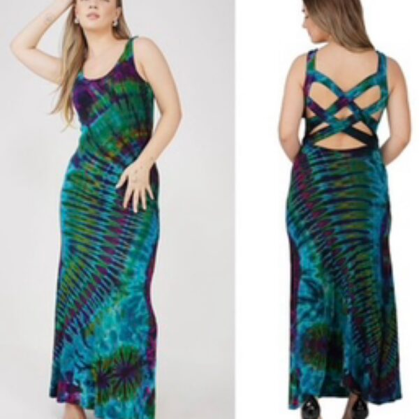Green, purple, blue tie dye long dress